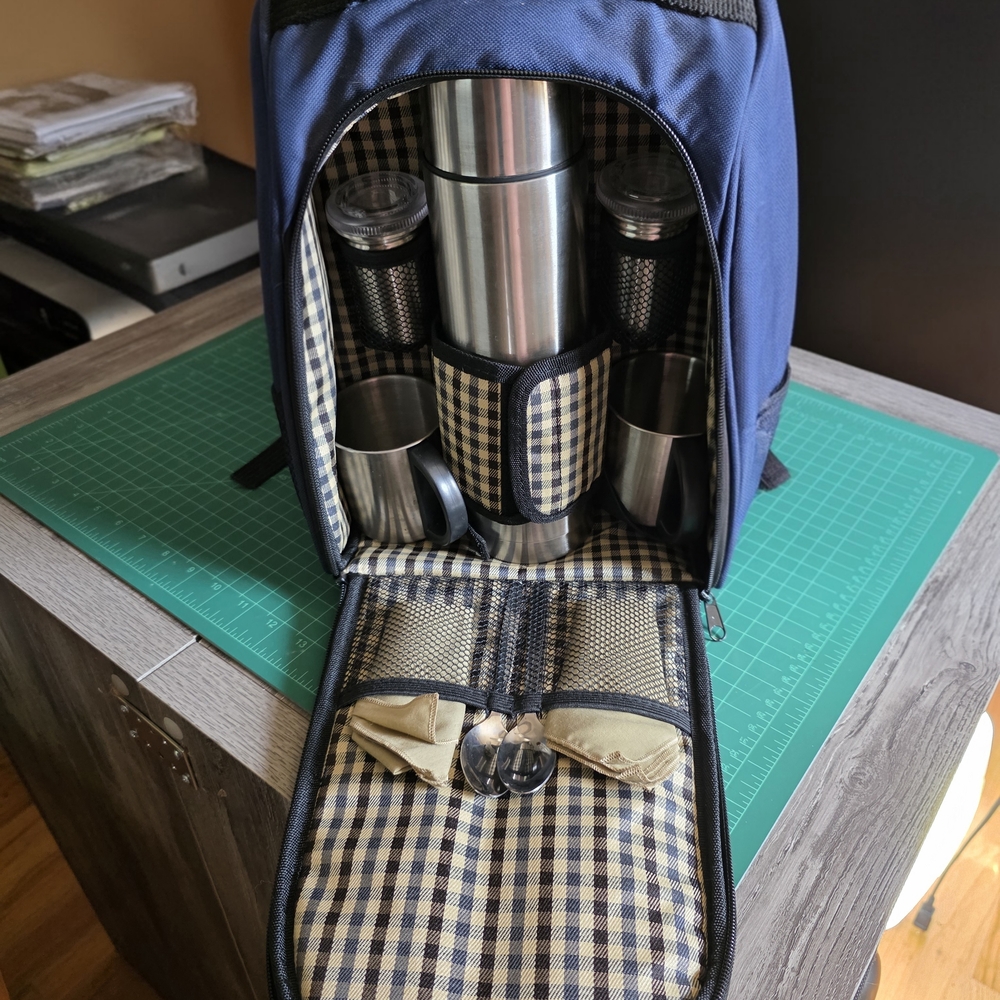 Navy Picnic Backpack with Stainless Steel Accessories
